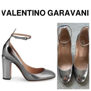 VALENTINO GARAVANI Tango Block Heel Silver Metallic-Leather Pumps
